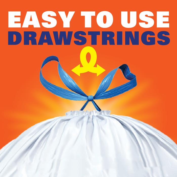 white trash bag with tied blue drawstrings