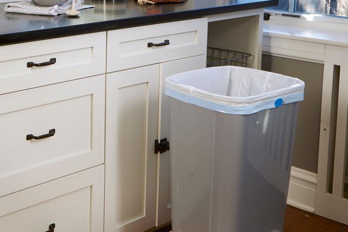 Ultra Strong Drawstring Kitchen trash bag in trash can.