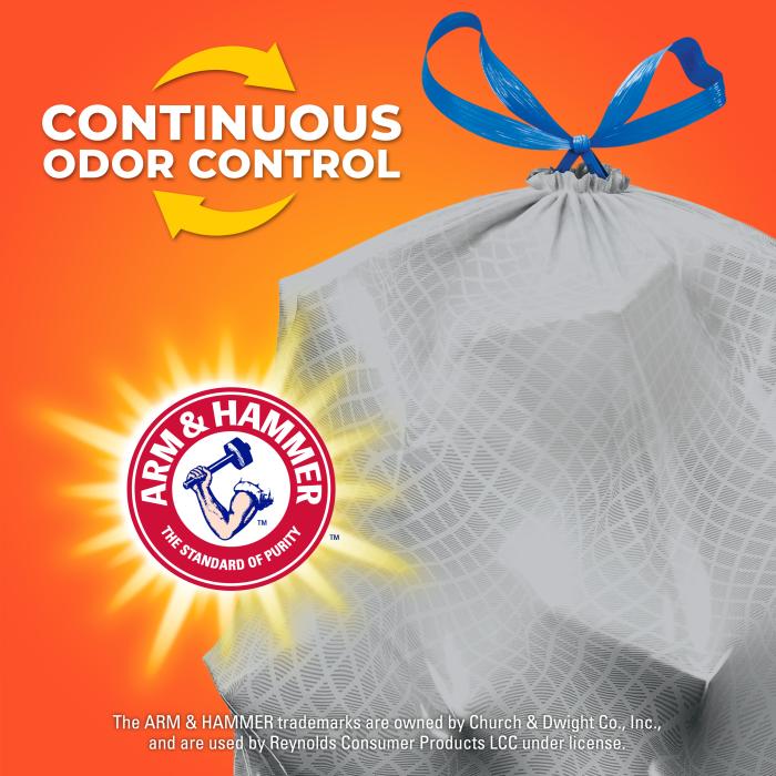 Image of the gray bag with the Arm & Hammer logo as well as a logo that reads continuous odor control