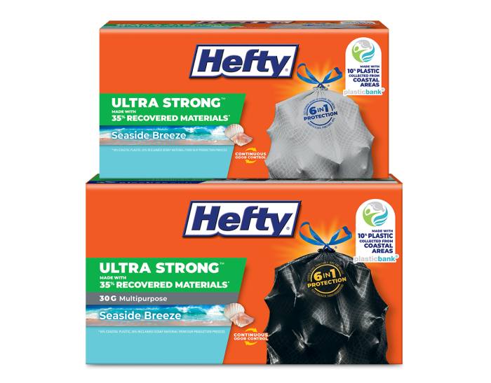 Hefty Ultra Strong Made with Recovered Materials, Including Coastal Plastic Packages