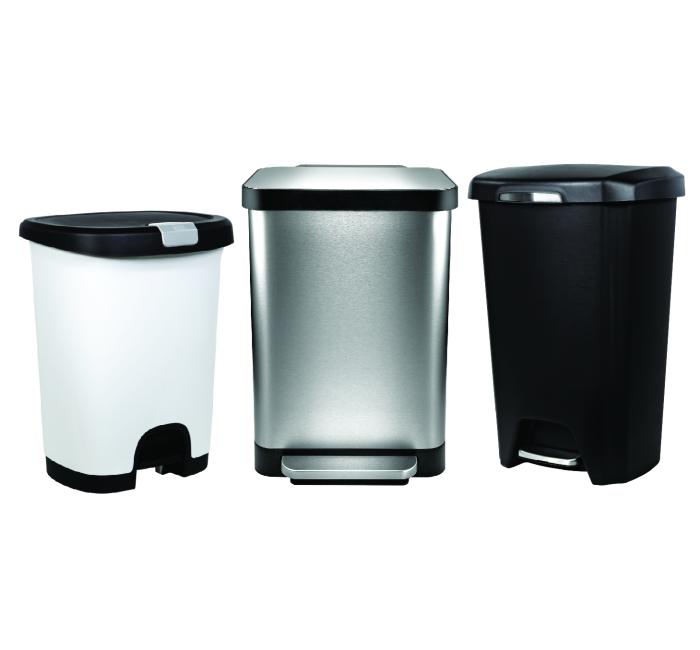 Three Step-on lid kitchen trash cans against a white background, one can is white with a black lid, one is sliver, and one is black