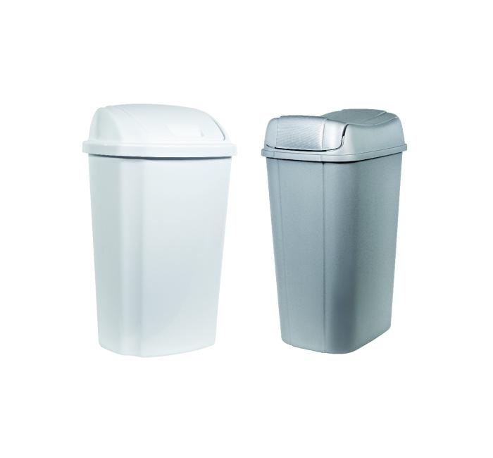 Two swing lid kitchen trash cans against a white background, one can is white and one is sliver