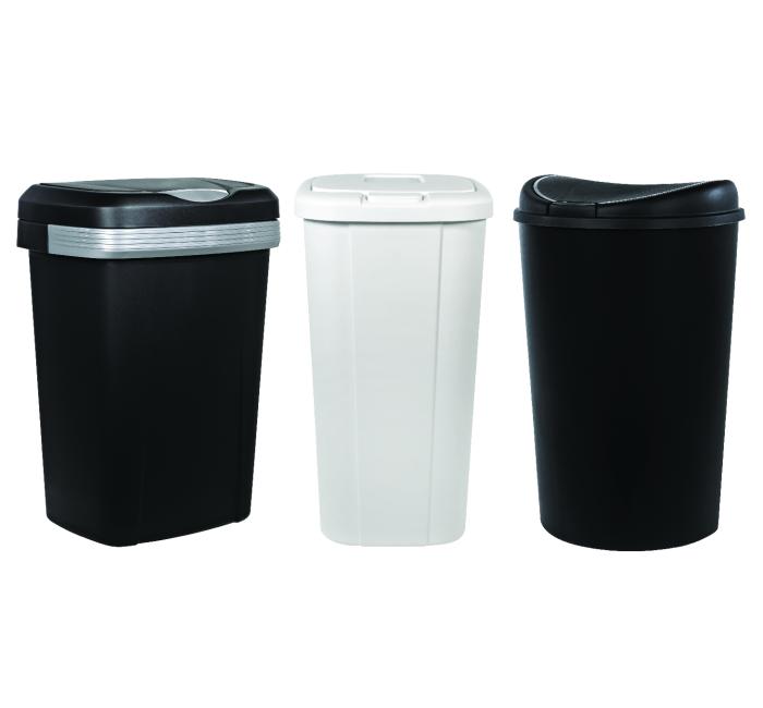 Three touch lid kitchen trash cans against a white background, two are black and one is white.