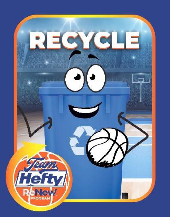 Cartoon imagery of a recycling bin for Team Hefty ReNew's Recycle 