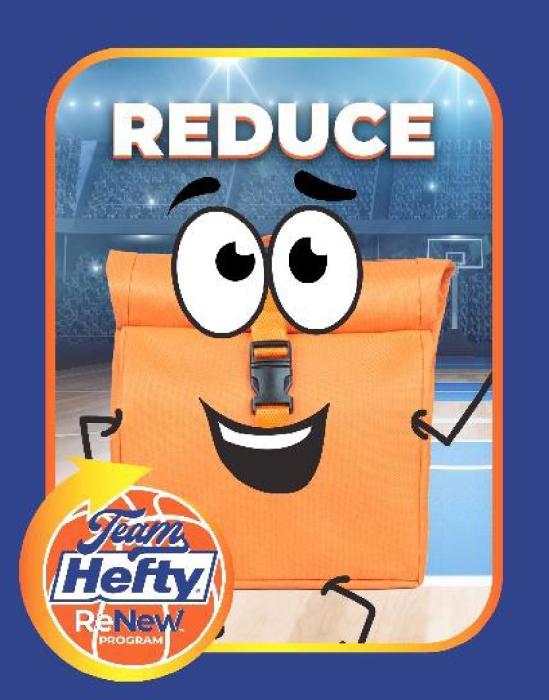 Cartoon paper bag imagery icon of Team Hefty ReNew "Reduce"