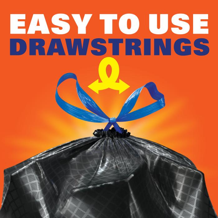 Easy to Use Drawstring on a large black trash bag